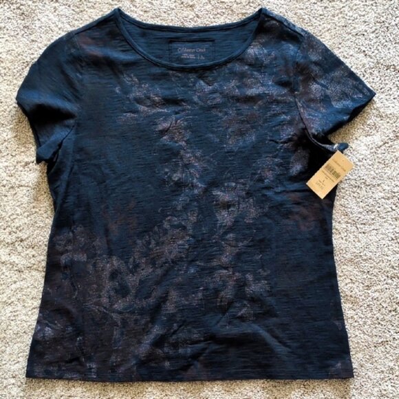 NWT Coldwater Creek Navy Blue Foil Printed Winter Tee Size Large - Picture 1 of 5